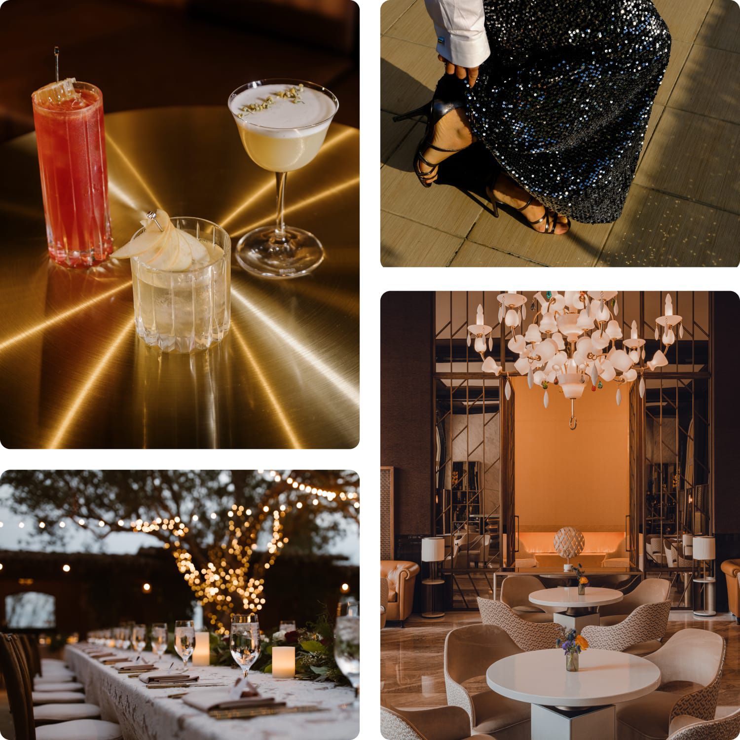 four photos of luxurious venues, cocktails, and a woman in sparkly dress