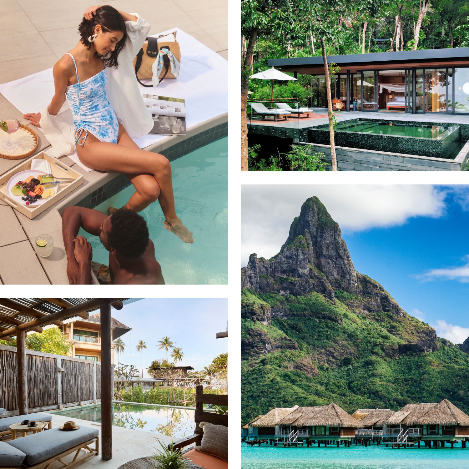 Collage of tropical luxury scenes: overwater bungalows, a modern villa with pool, a resort patio, and a couple by the pool.