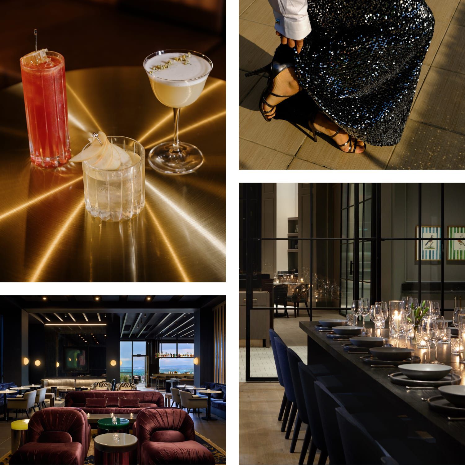 Collage of hotel spaces decorated for the holiday season, including festive bars, lounges, and dining areas with warm lighting and seasonal details.
