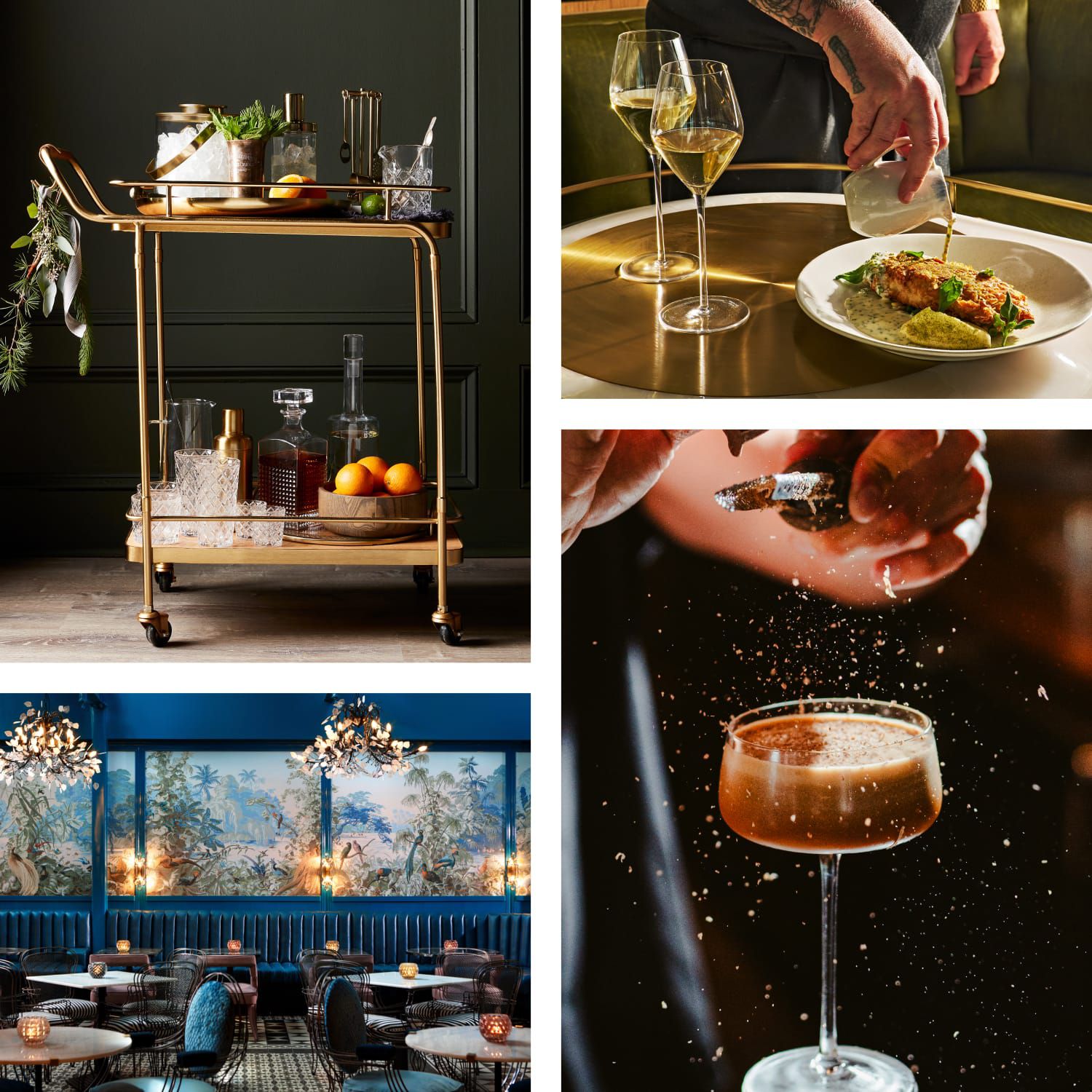 Selection of seasonal food and beverage offerings, including cocktails, desserts, and plated dishes prepared for holiday celebrations.