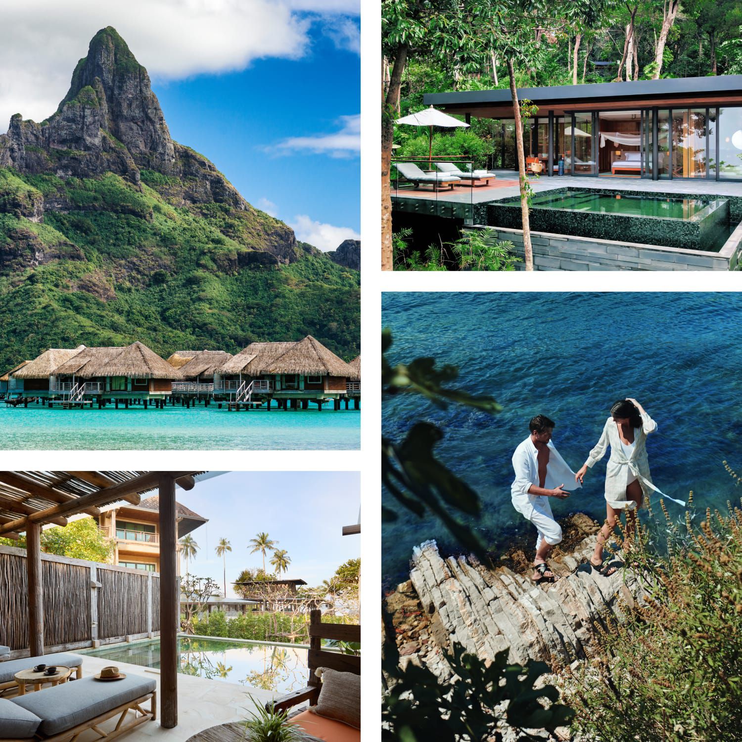 Collage of tropical luxury scenes: overwater bungalows, a modern villa with pool, a resort patio, and a couple by the ocean.