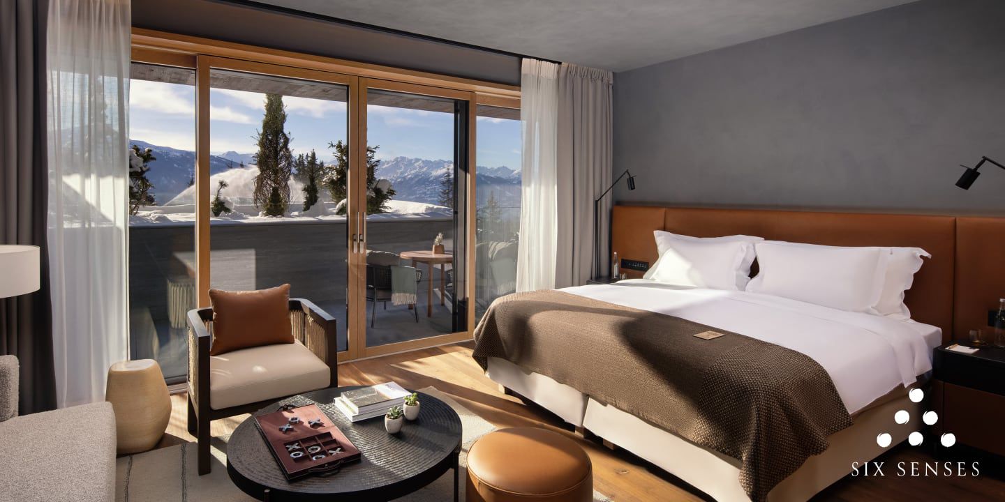 Six Senses guestroom with views of snow capped mountains