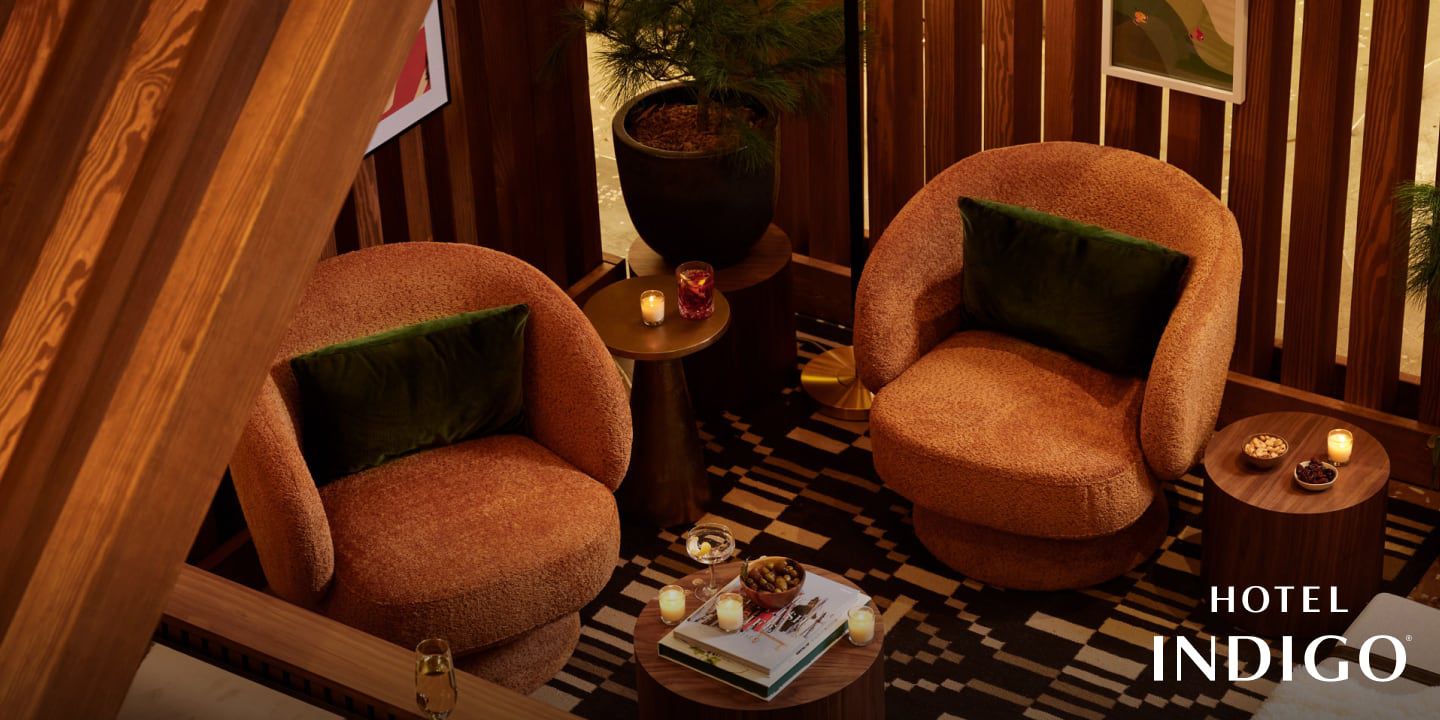 Indigo Hotel lobby sitting area decorated for winter