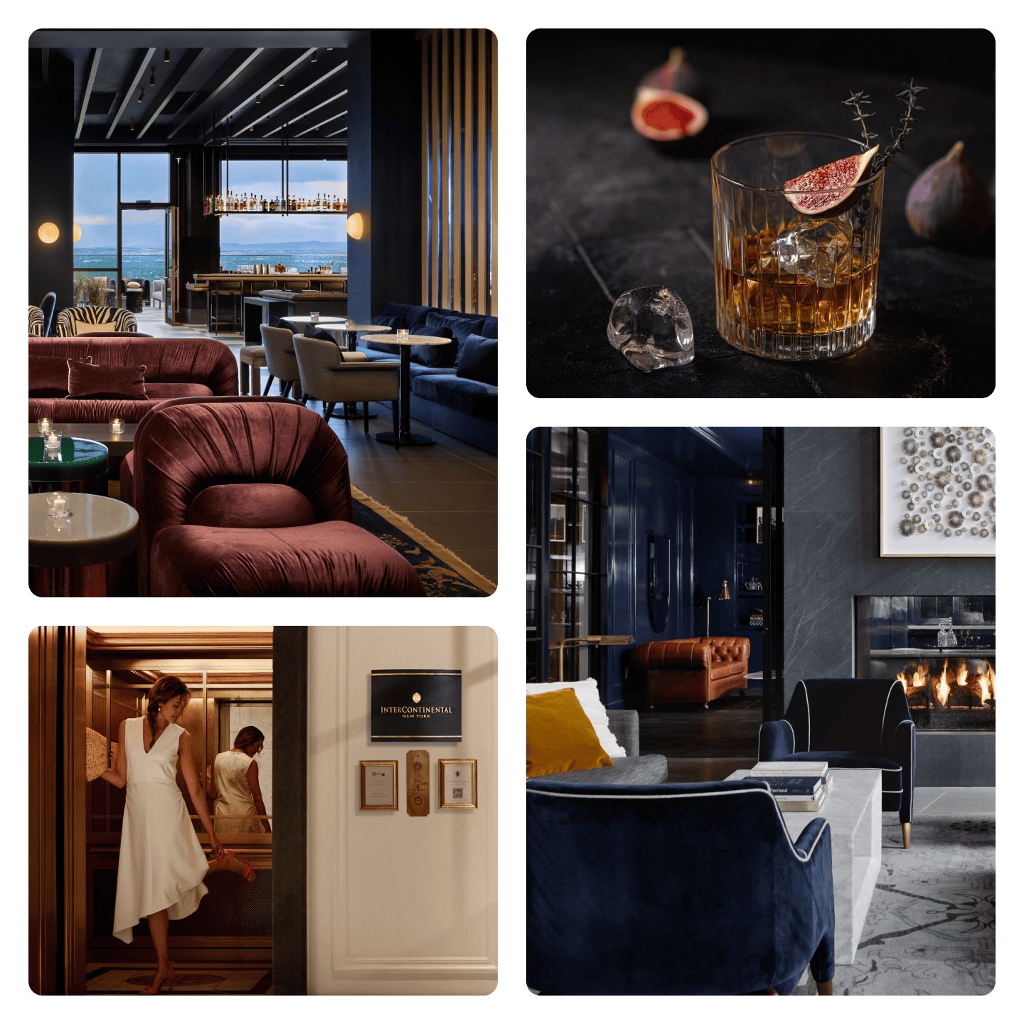 four photos of luxurious lobbies, rooms, and restaurants