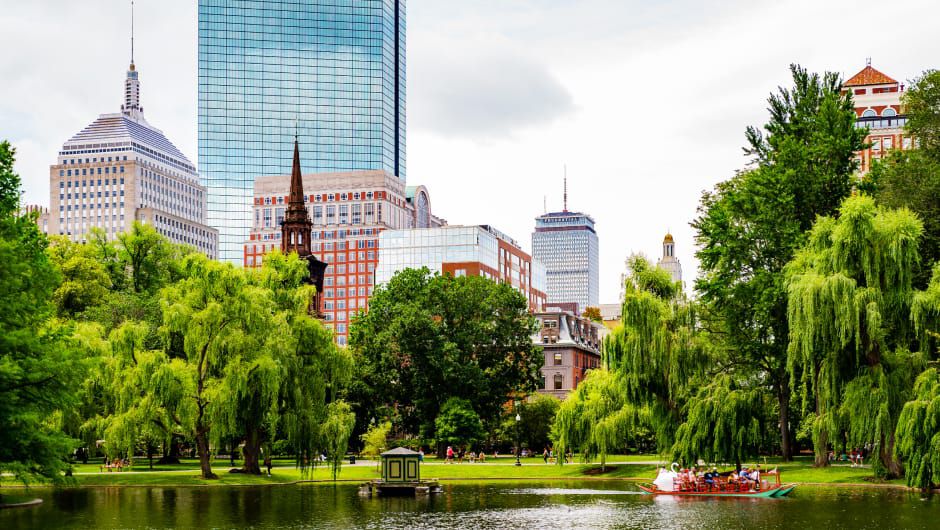 Pond and greenery next to Boston skyline