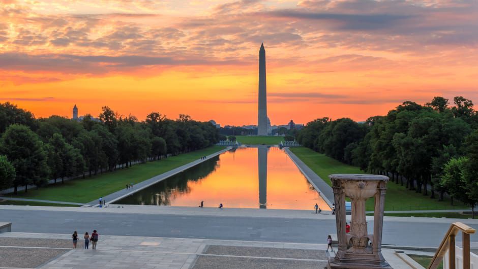 Washington monument beyond the reflection pool at sunset