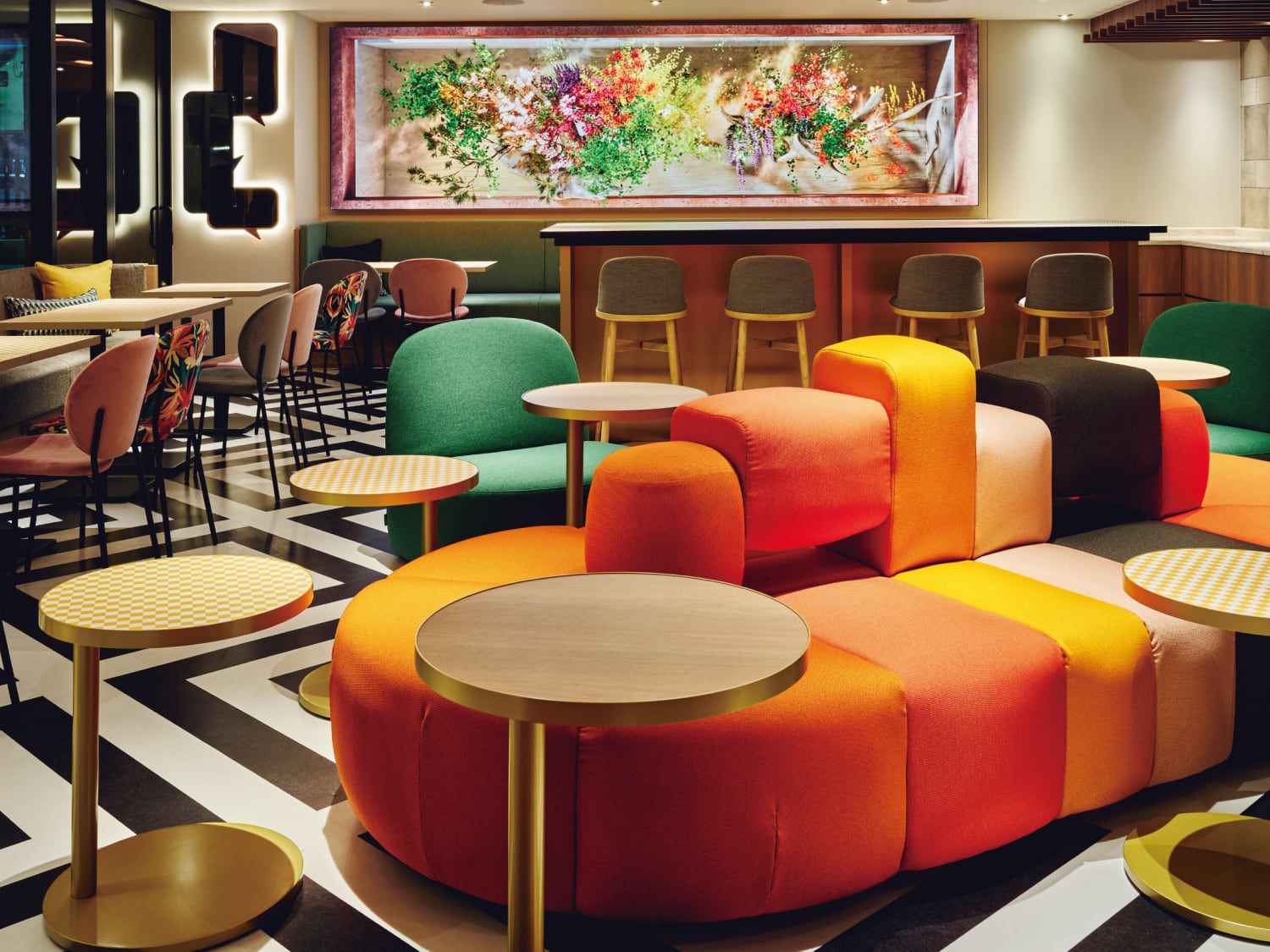 Colorful banquette seating at Garner Hotel Osaka Honmachi