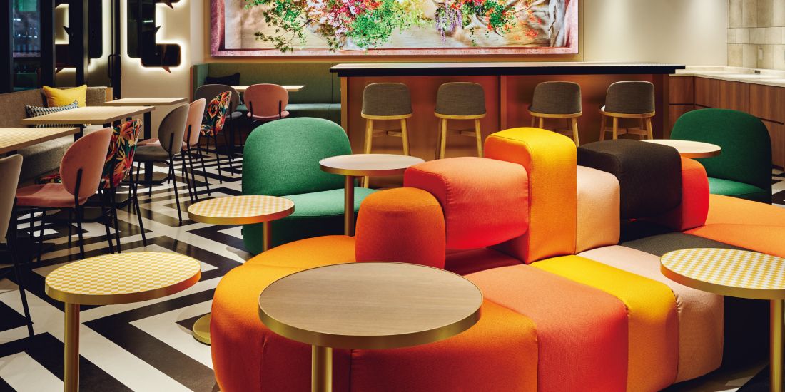 Colorful banquette seating at Garner Hotel Osaka Honmachi