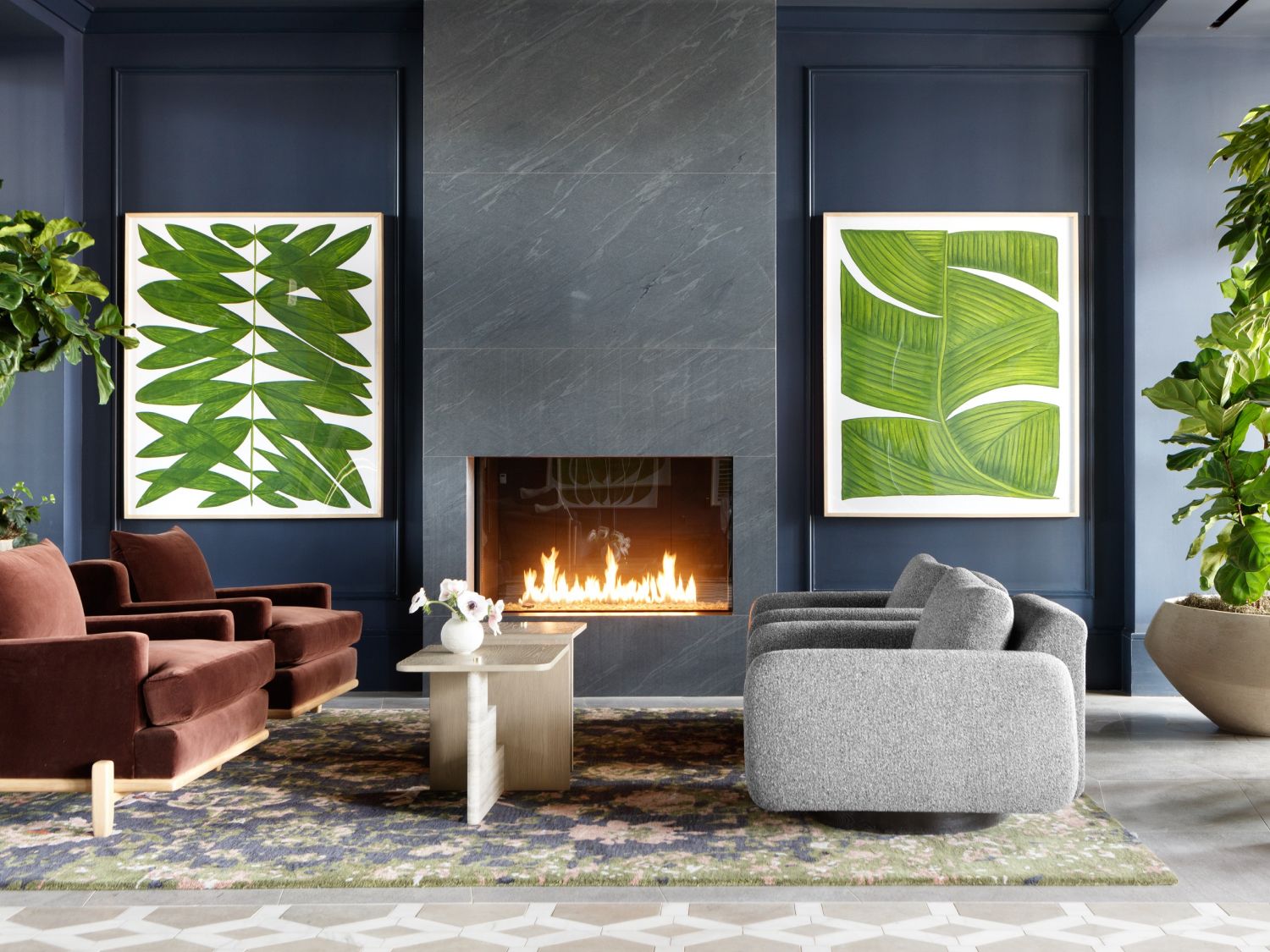 Kimpton Charlottesville lobby with fireplace and greenery