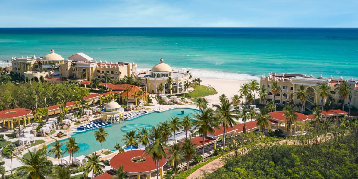 Aerial shot of resort and pools