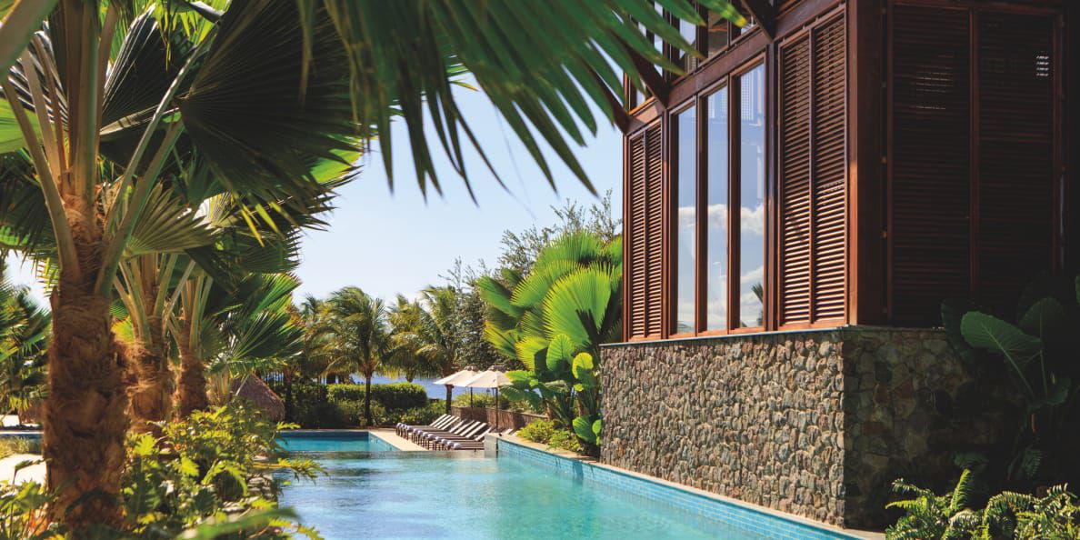 Palm trees and crystal blue pool