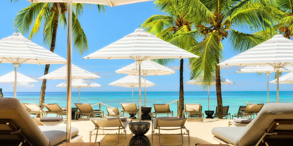 Luxury beach chairs and umbrellas lining white sandy beach