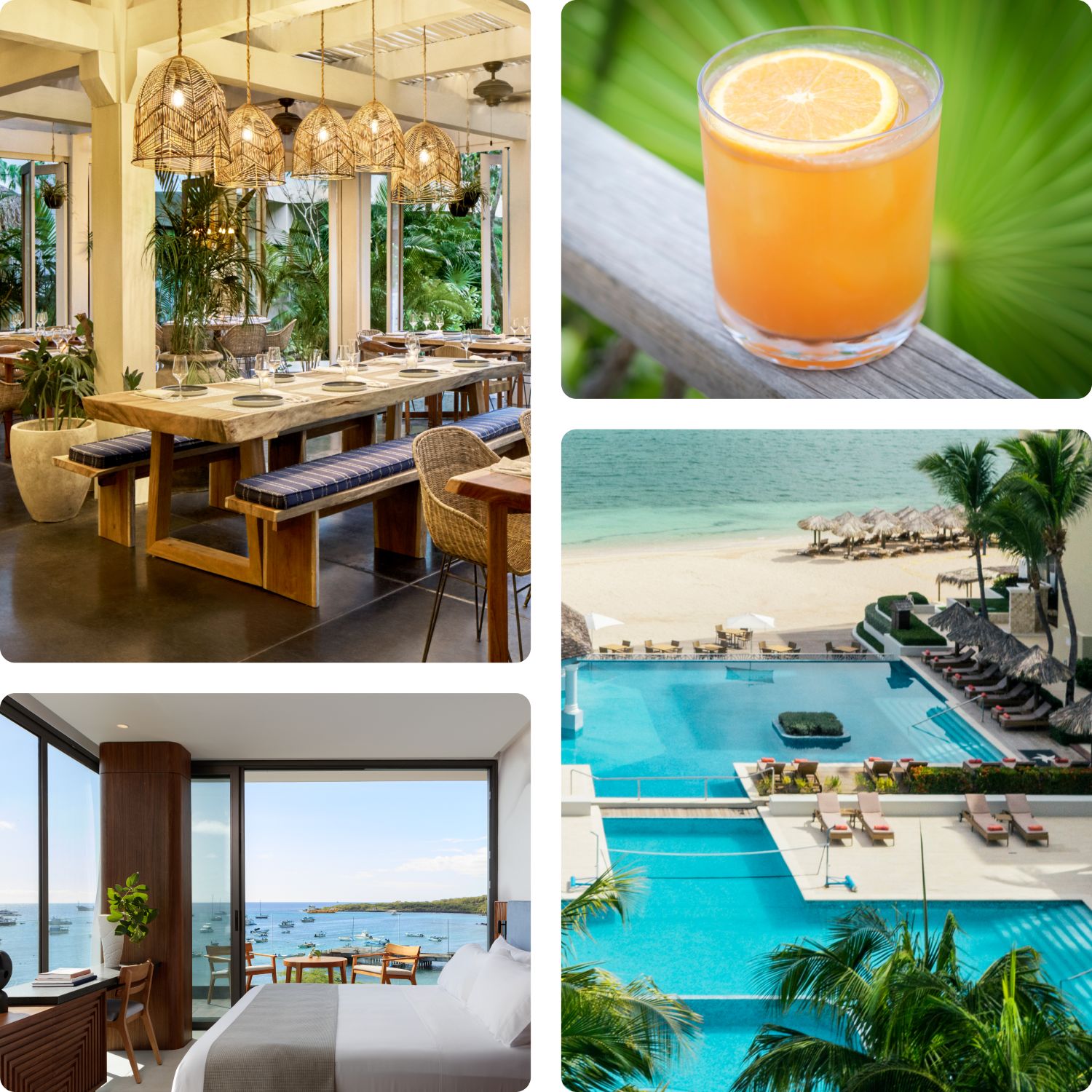 Four images of luxury resorts including dining space, bedroom, and pool