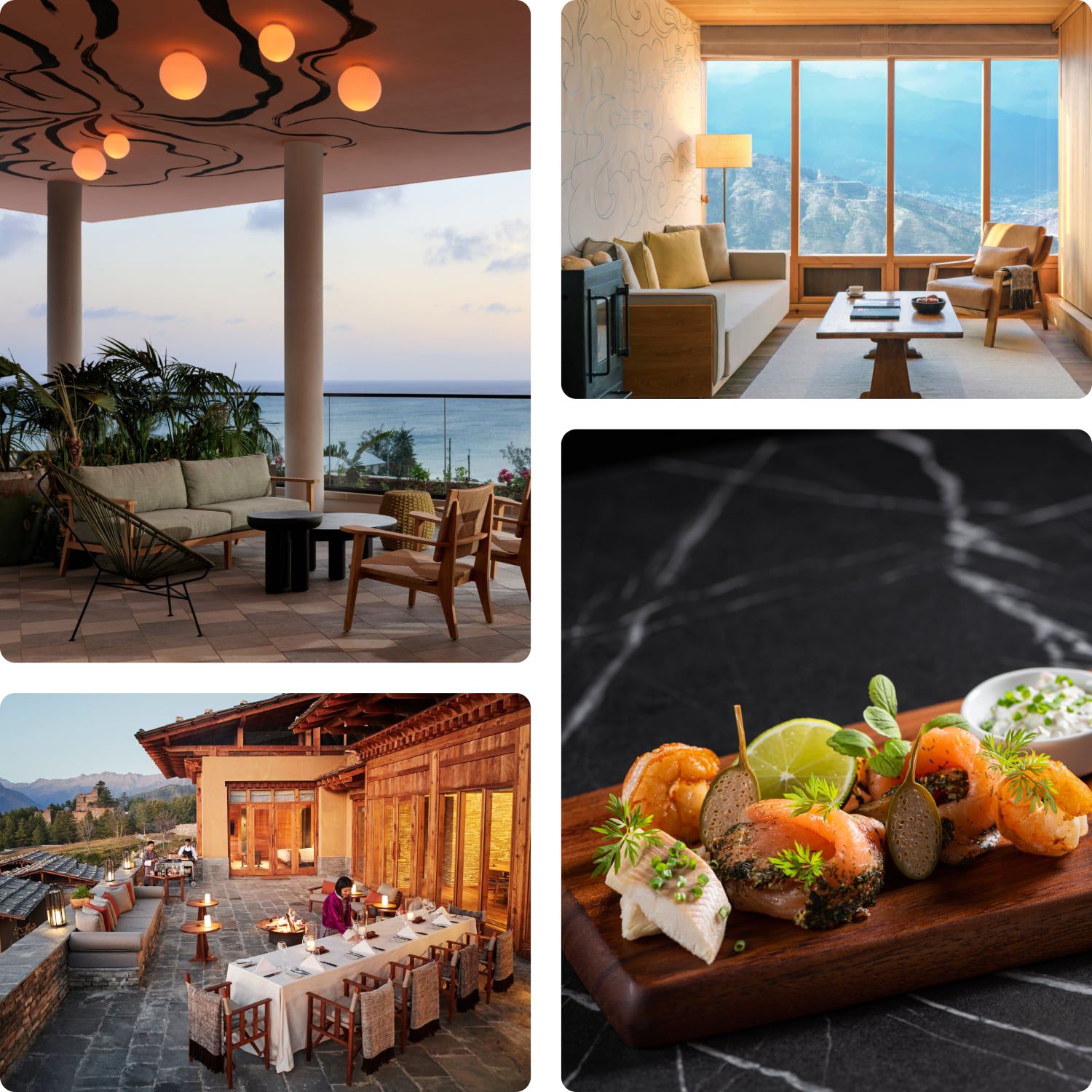 A seaside lounge with outdoor tables and a sushi platter of colorful fish.