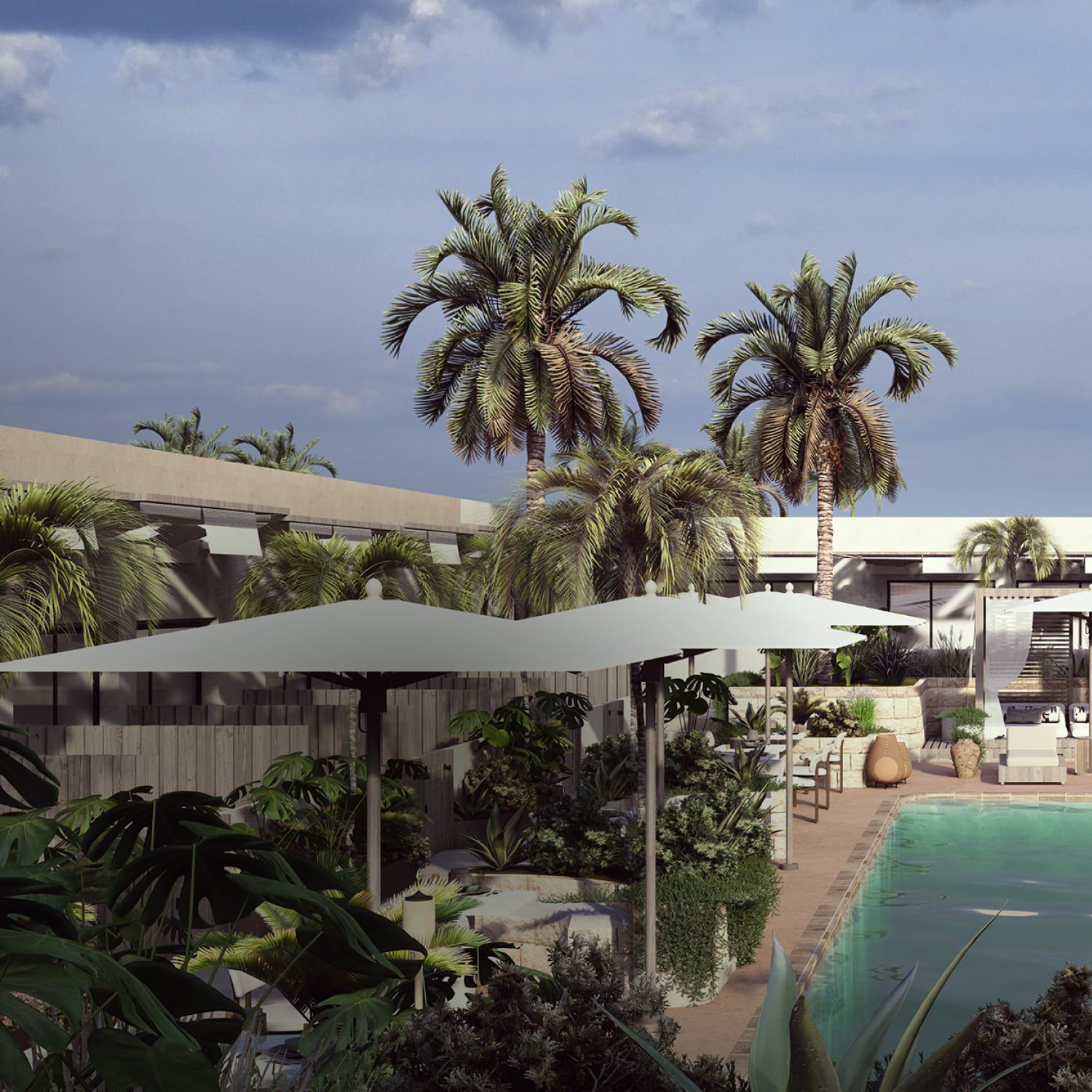 Tropical poolside lounge with palm trees and umbrellas