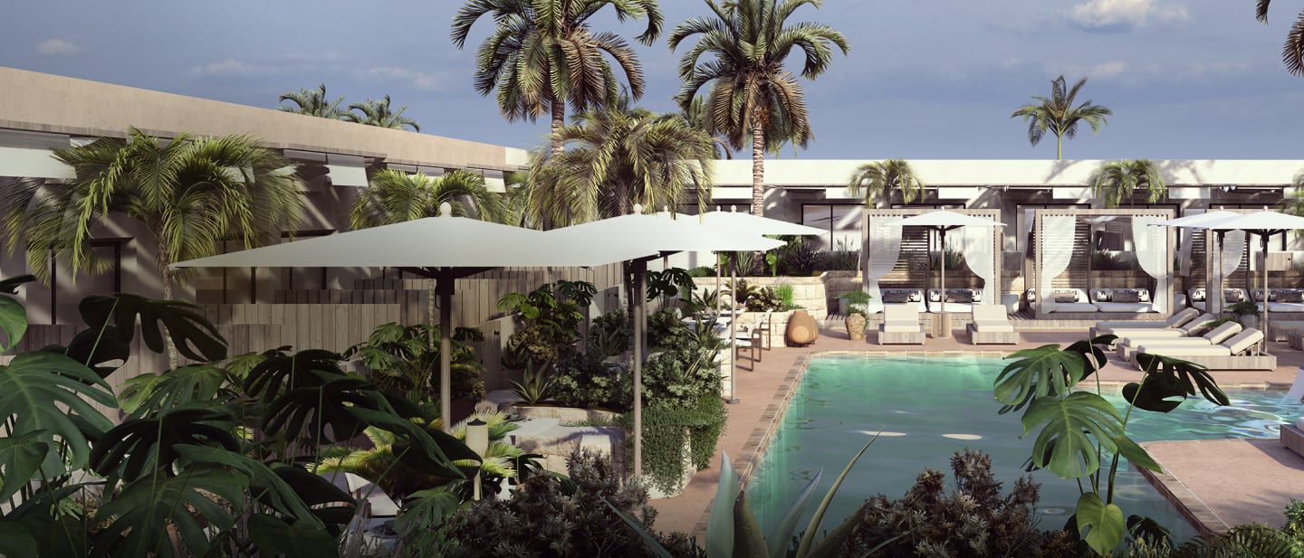 Tropical poolside lounge with palm trees and umbrellas