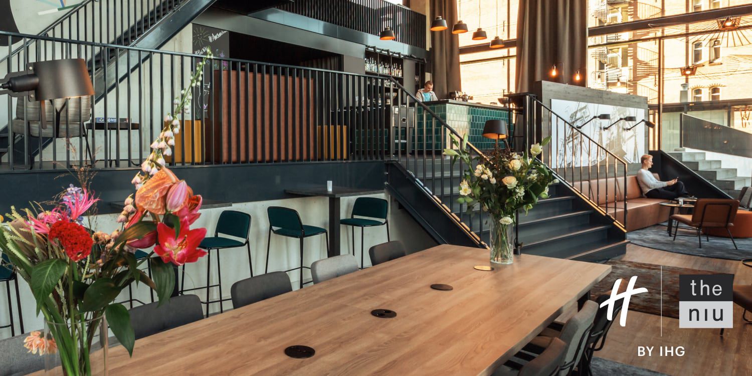 Modern lobby with elevated bar