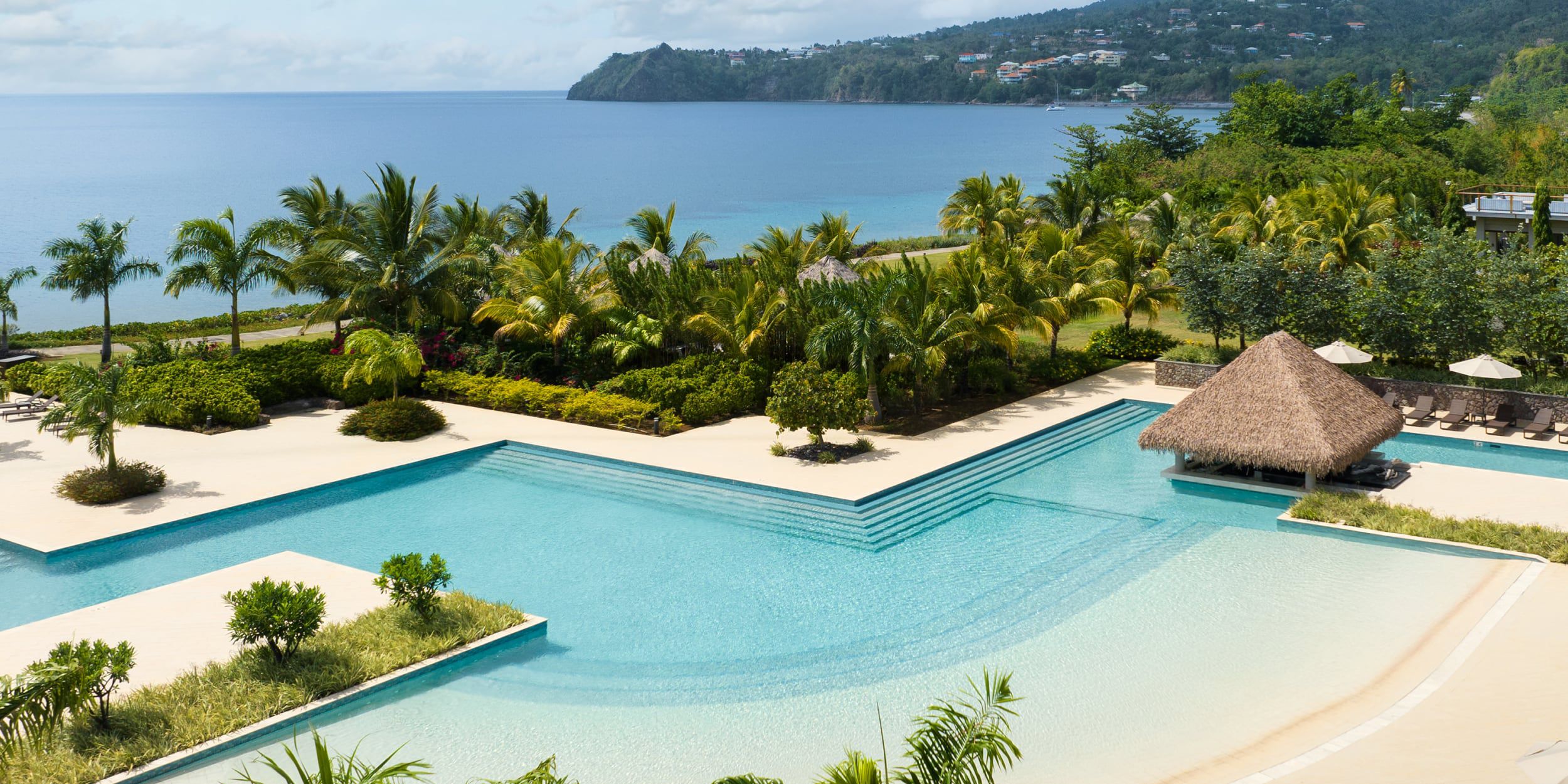 Aerial view of tropical resort pool