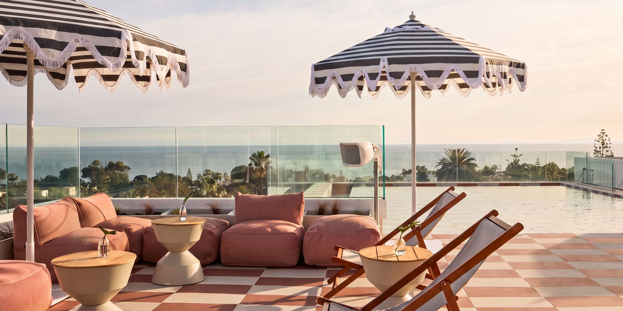A sunny resort rooftop terrace with sun loungers and cushioned seating under striped fringed umbrellas overlooking the ocean.