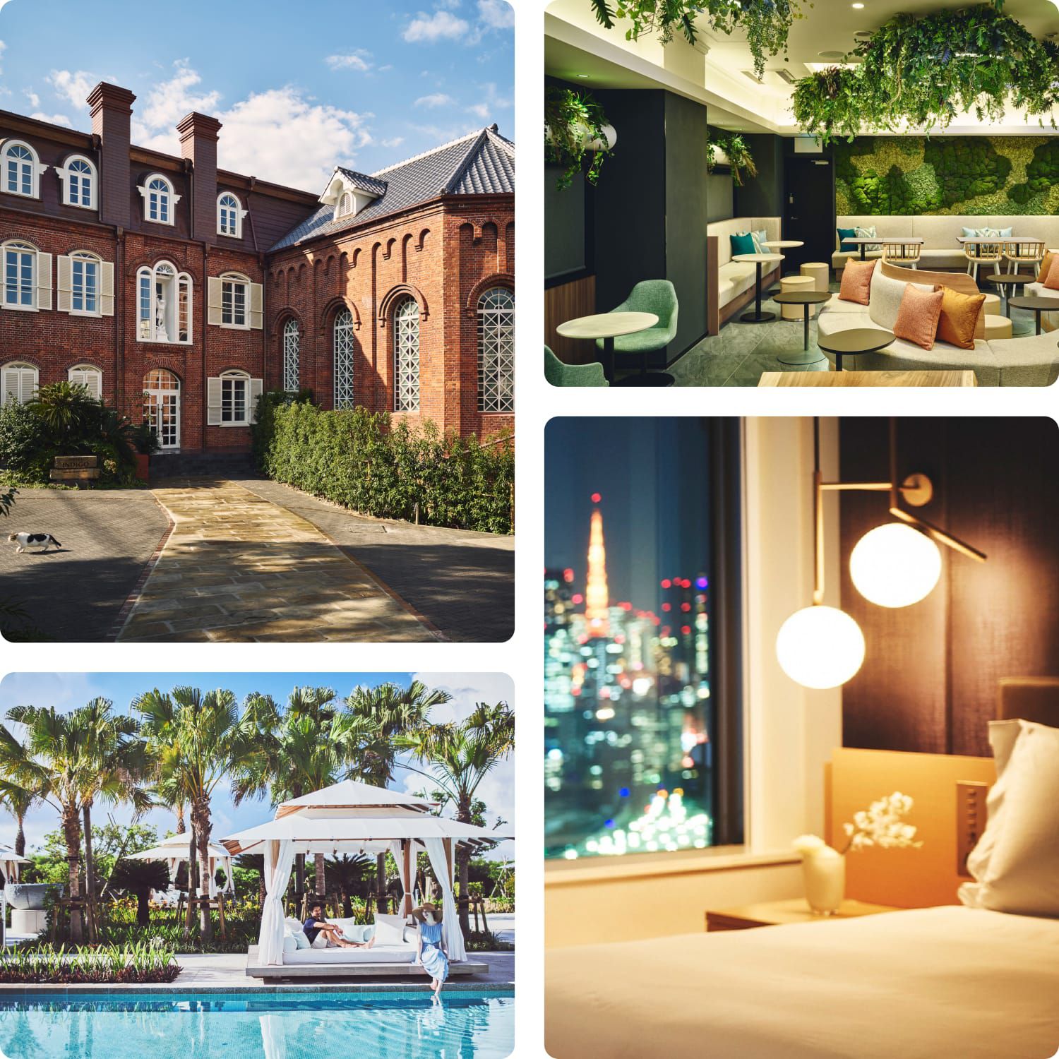 Cluster of images featuring a hotel building, private room, a restaurant and luxury pool