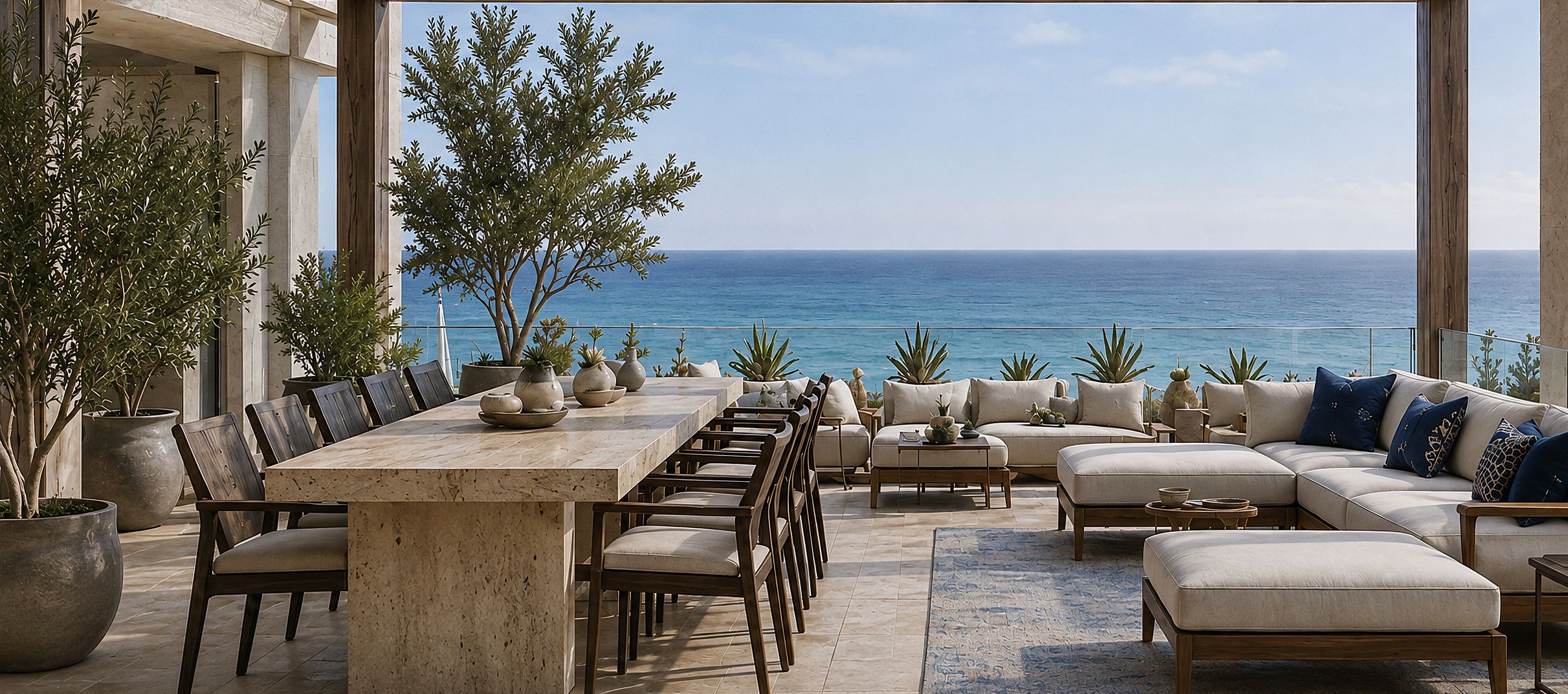 Luxury resort terrace overlooking the ocean at sunset