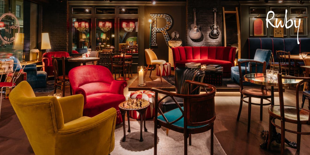 Modern hotel lobby with ample colorful seating