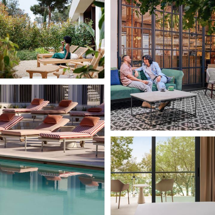 Bento box of images including hotel pool, balcony, relaxing chairs and people enjoying their escapes