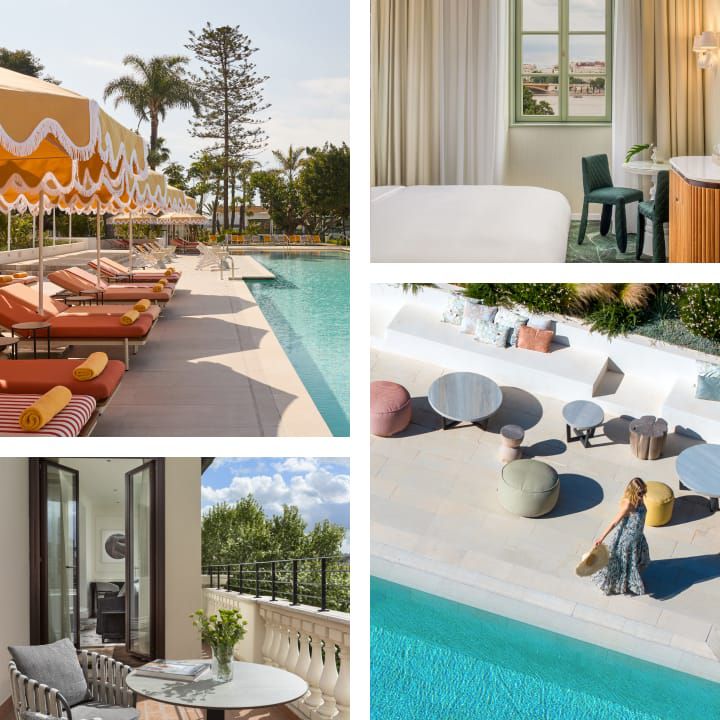 Bento box of images including hotel pool and balcony