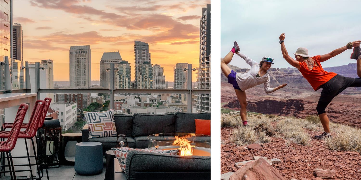 Comfortable seating and cozy firepits pair perfectly with sunset rooftop views. / Two people strike a yoga pose at the Grand Canyon.