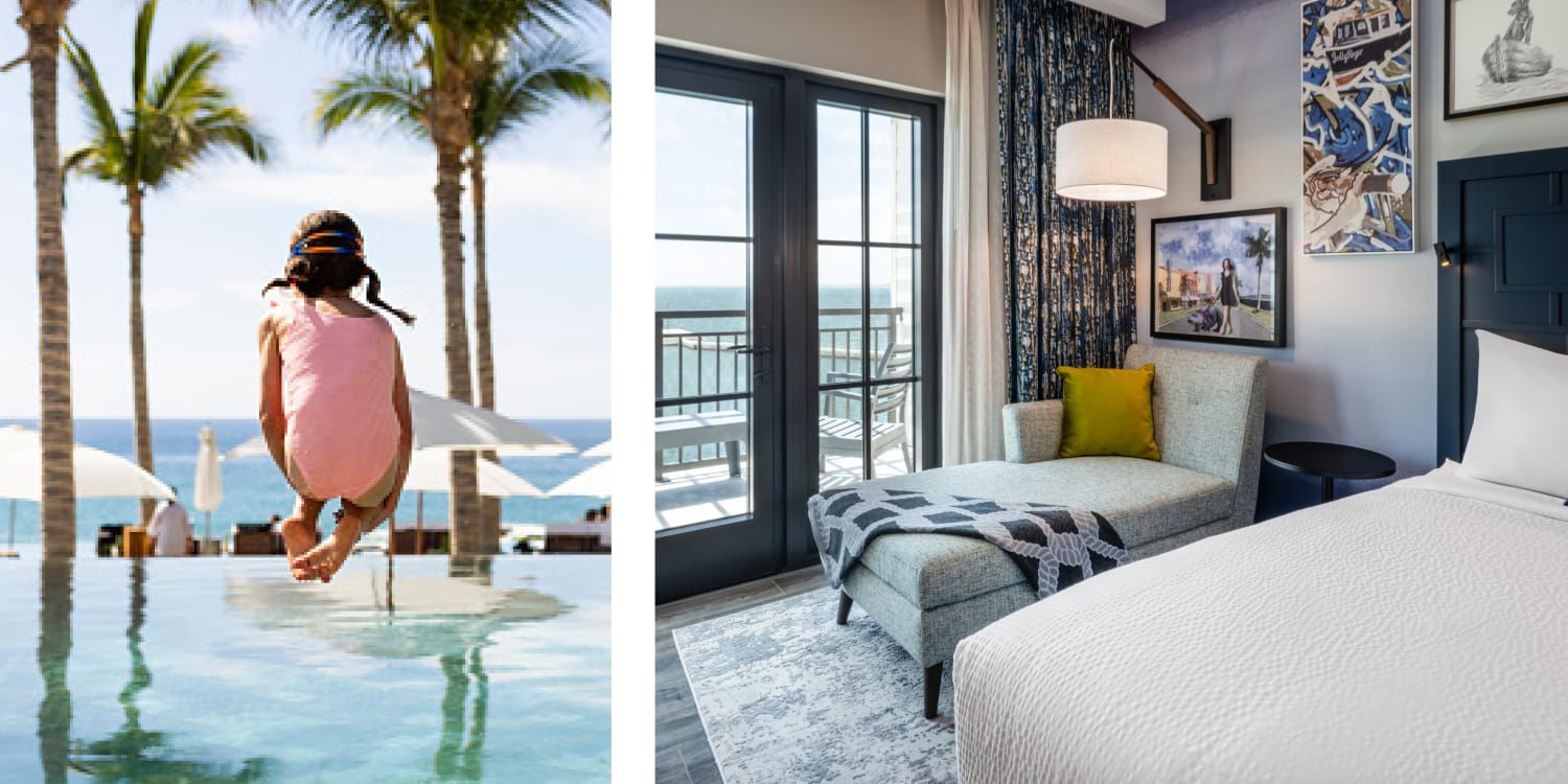 A child jumps into a pool surrounded by palm trees. / A hotel room with nautical touches and various shades of indigo offers bay views.
