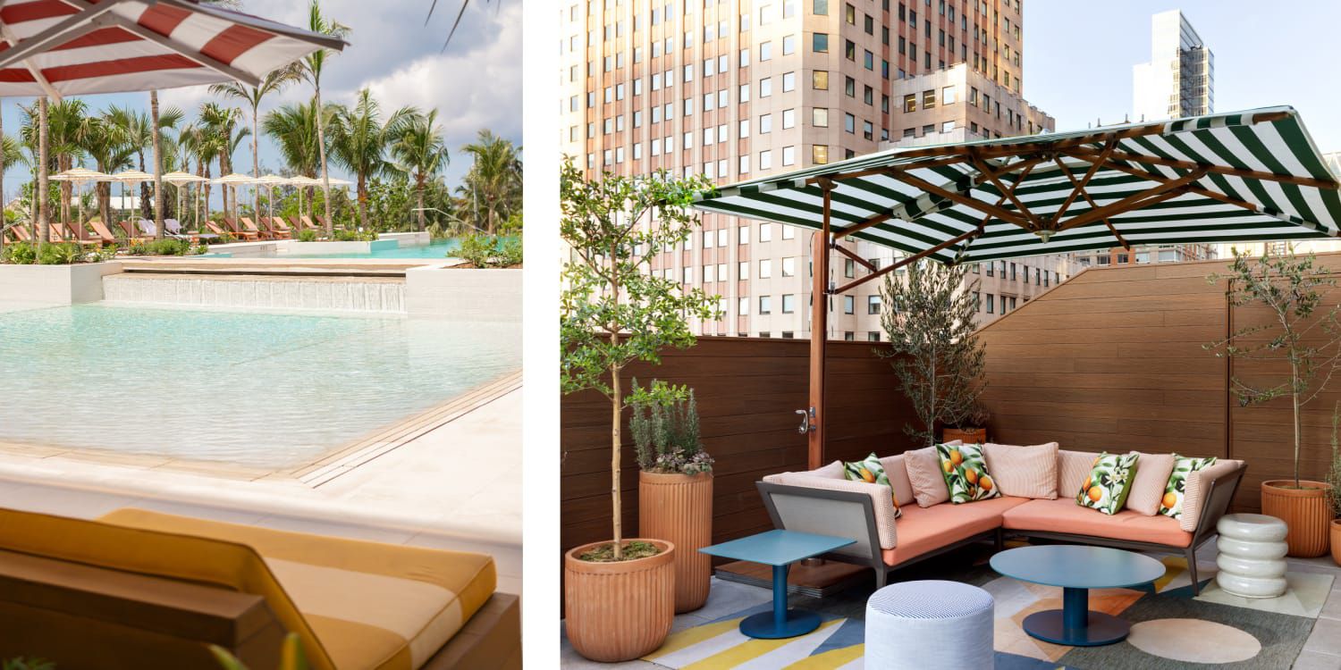 A poolside view under a striped umbrella, looking out at the swaying palm trees and blue sky. / A perfectly Instagrammable rooftop lounge setup, with a striped umbrella, brightly colored furniture, and skyscraper views.