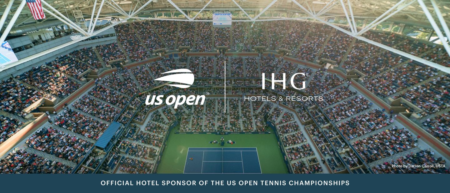 "Image of US Open Tennis stadium IHG Hotels & Resorts in the Official Hotel Sponsor of the US Open Tennis Championships"