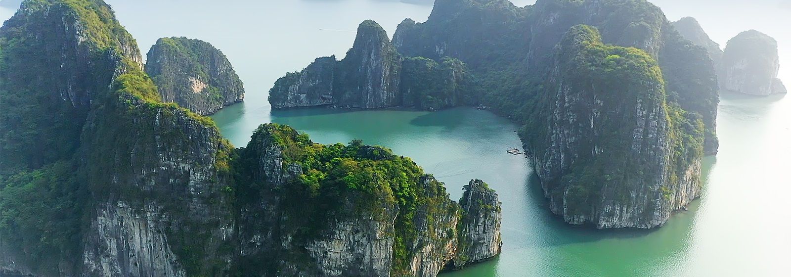 view of the green waters of Ha Long Bay and tall cliffs covered in green foliage