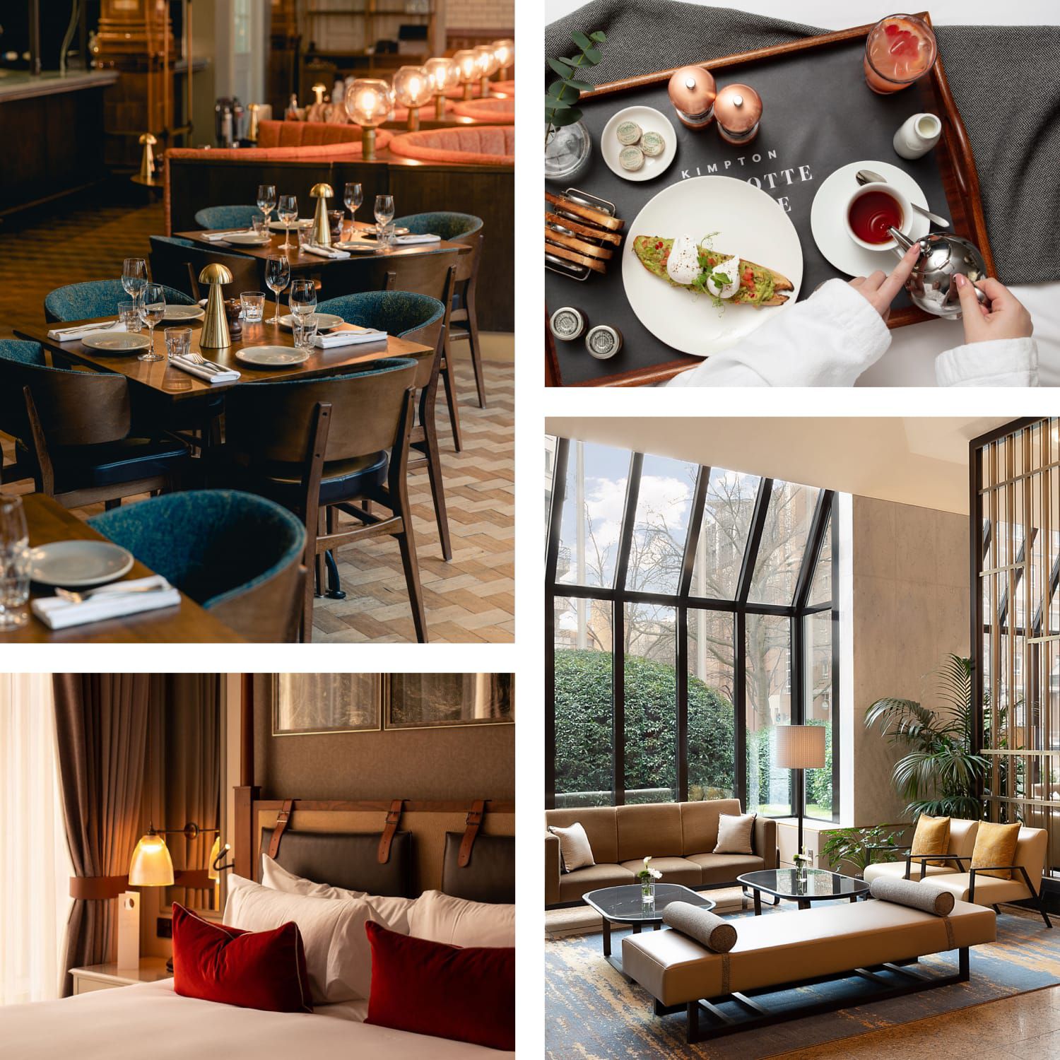 Bento box of images including hotel lobby, room, food and dining table