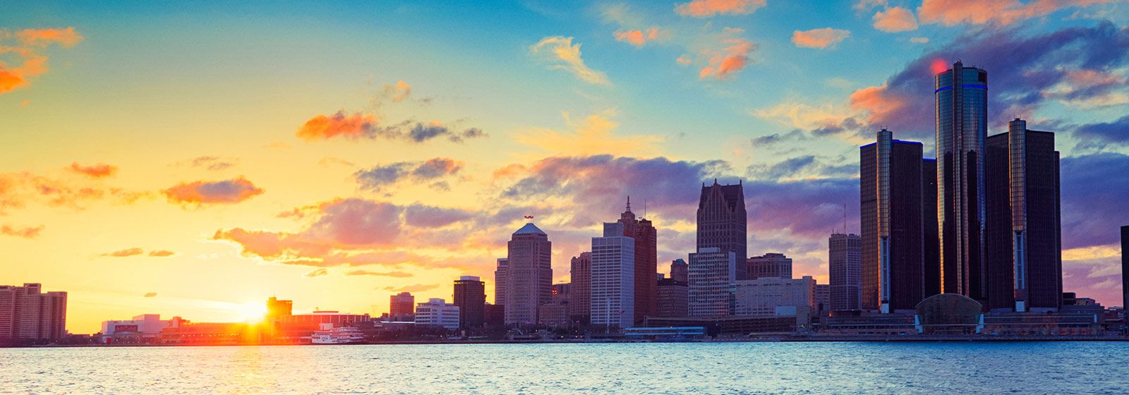 Beautiful sunset behind Detroit city