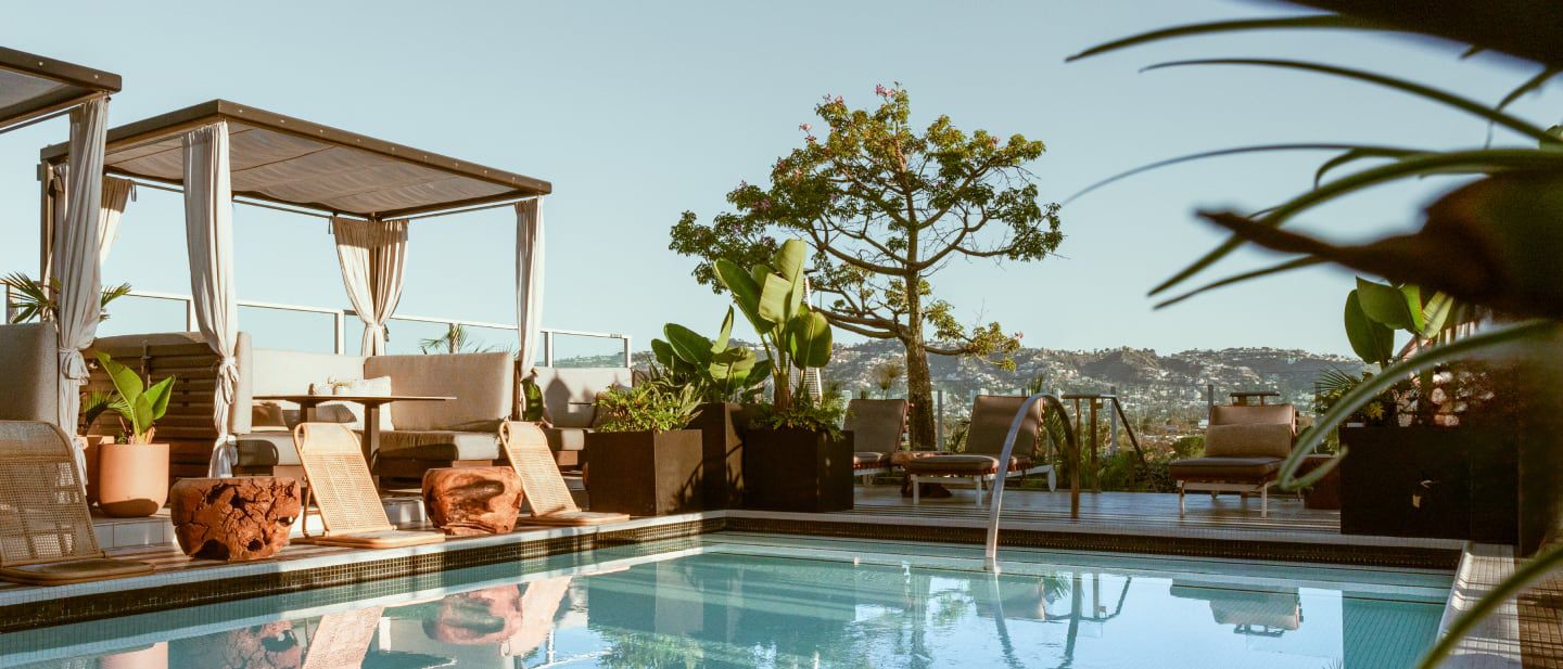 Cluster of images featuring a private room, a restaurant, and luxury pool