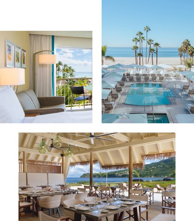 Cluster of images featuring a private room, a restaurant, and luxury pool
