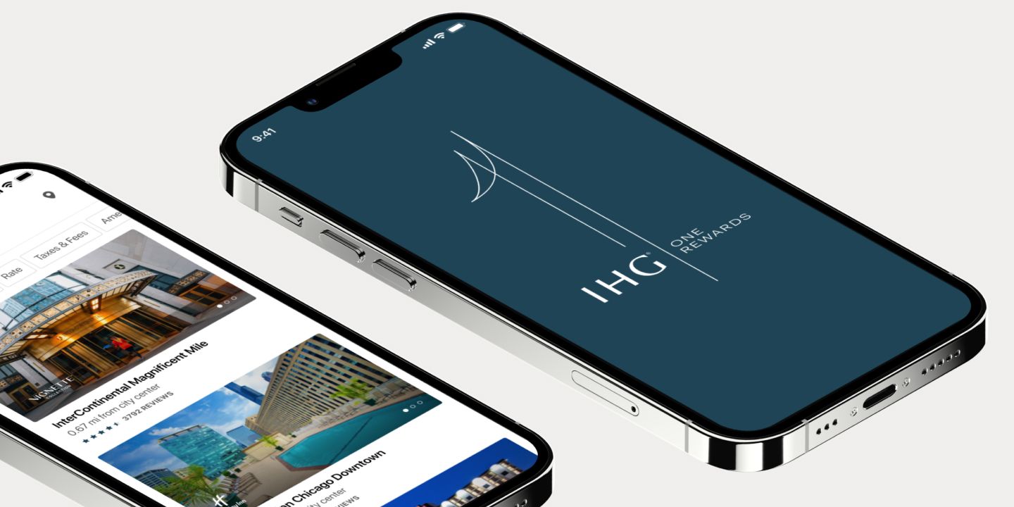 Phone screens with IHG One Rewards app