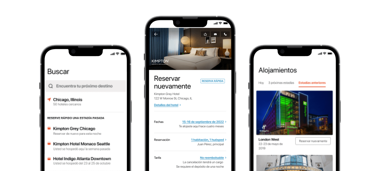 Imágenes del flujo de reservación en las pantallas de la aplicación de IHG