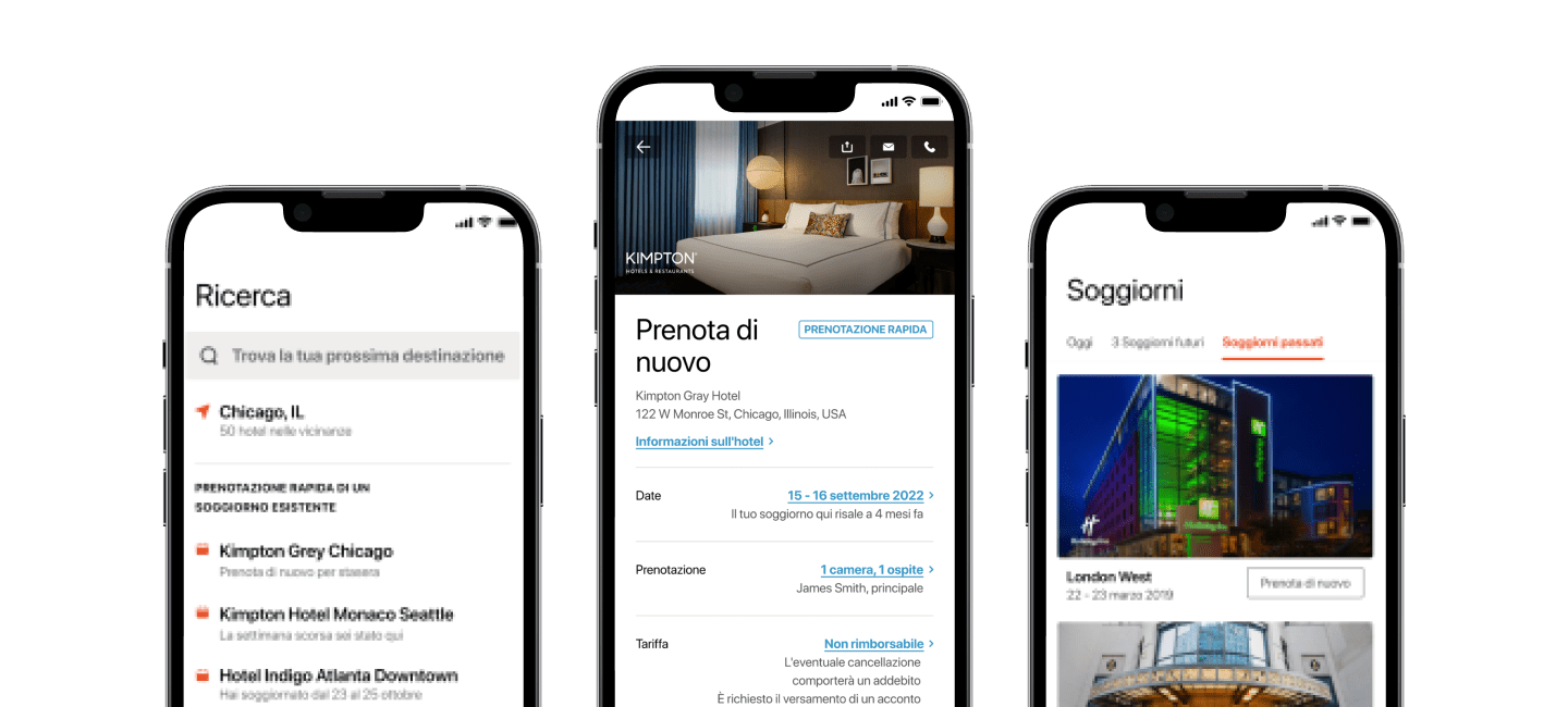 Immagine del flusso di prenotazione sulle schermate dell'app IHG