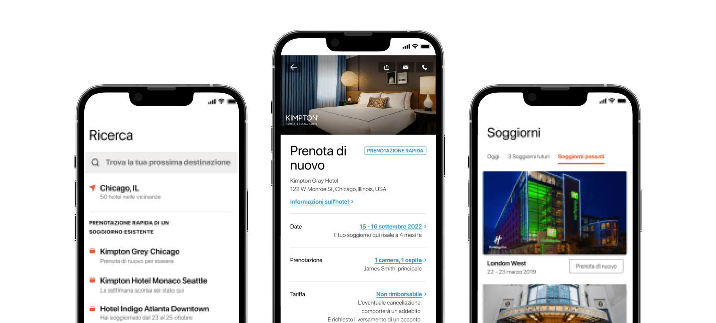 Immagine del flusso di prenotazione sulle schermate dell'app IHG