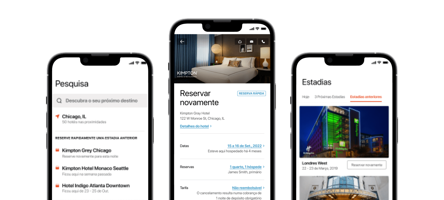 Visualização do fluxo de reservas nos ecrãs da app IHG