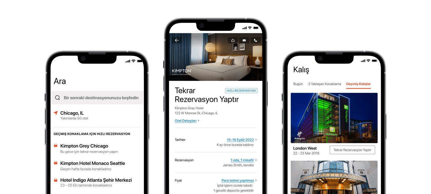 IHG uygulama ekranlarında rezervasyon akışının görseli