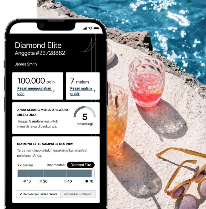 Tampilan layar aplikasi berisi informasi anggota IHG One Rewards dengan latar belakang foto kolam renang