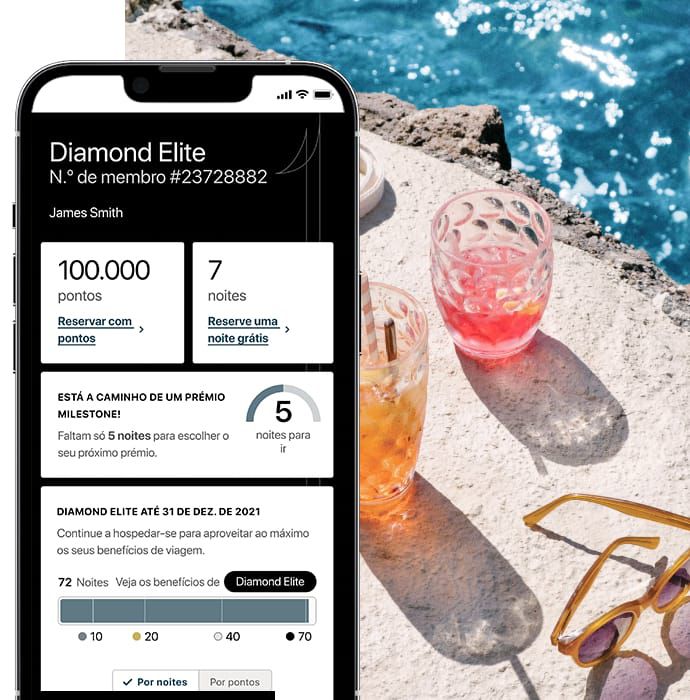 Visualização do ecrã da app com informação do membro IHG One Rewards e no fundo a fotografia de uma piscina