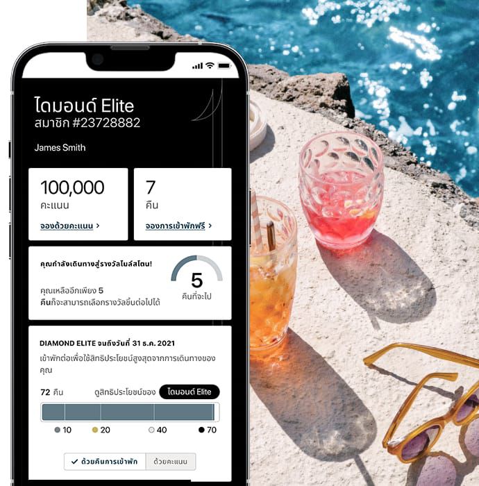 ภาพหน้าจอแอปที่มีข้อมูลสมาชิก IHG One Rewards และด้านหลังเป็นภาพสระว่ายน้ำ