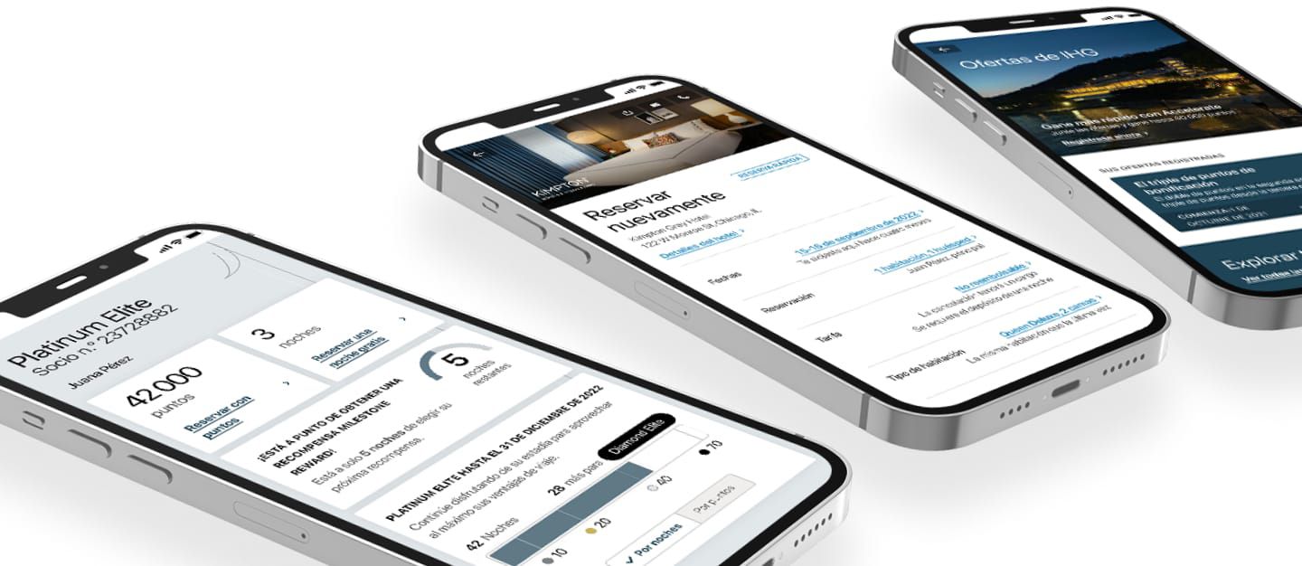 Imagen de las pantallas de un teléfono con la aplicación de IHG One Rewards