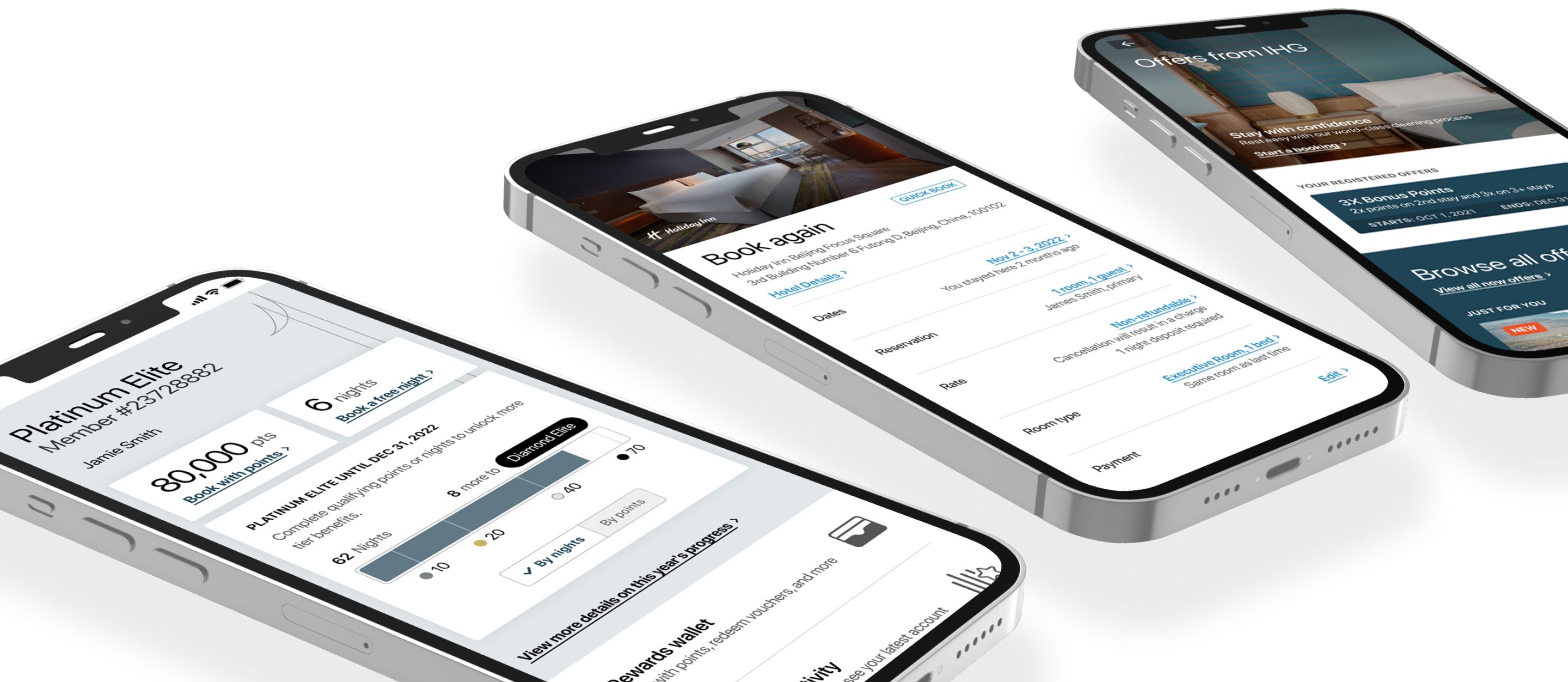 Image of phone screens with IHG One Rewards app 