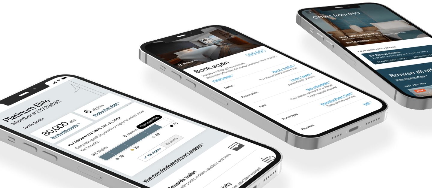 Image of phone screens with IHG One Rewards app 