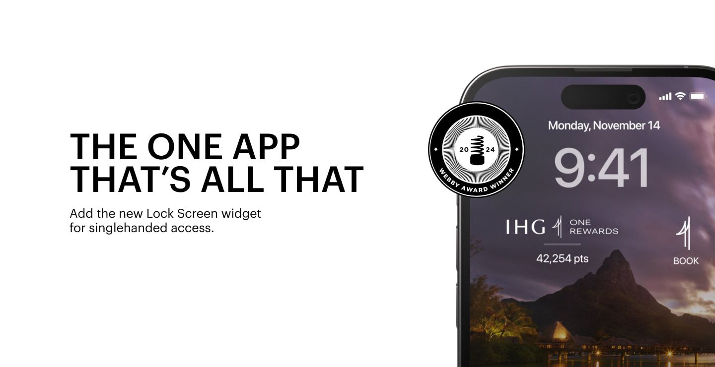 IHG app lock screen widget on phone screen featuring 2024 Webby Award Winner seal